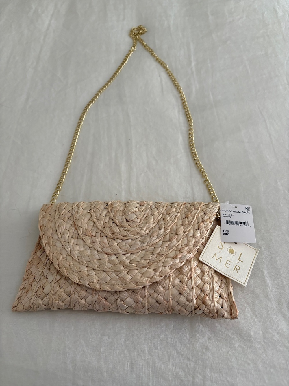 Natural Woven Straw Clutch with Gold Chain